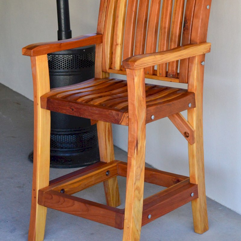 Redwood Cocktail Bar Stool (Options: Redwood, Arms, No Swivel, 29" H, No Cushion, Transparent Premium Sealant). Redwood Cocktail Bar Stool (Options: Redwood, Arms, No Swivel, 29" H, No Cushion, Transparent Premium Sealant).
