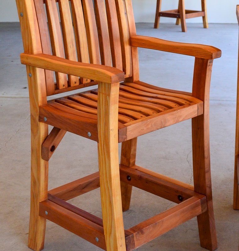 Redwood Cocktail Bar Stool (Options: Redwood, Arms, No Swivel, 29" H, No Cushion, Transparent Premium Sealant). Redwood Cocktail Bar Stool (Options: Redwood, Arms, No Swivel, 29" H, No Cushion, Transparent Premium Sealant).