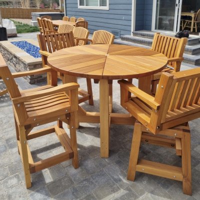 Six Redwood Cocktail Bar Stools with a Sunset Patio Table (Options: Douglas-fir, with Arms, 29" H, with Swivel Seat, Transparent Premium Sealant). 