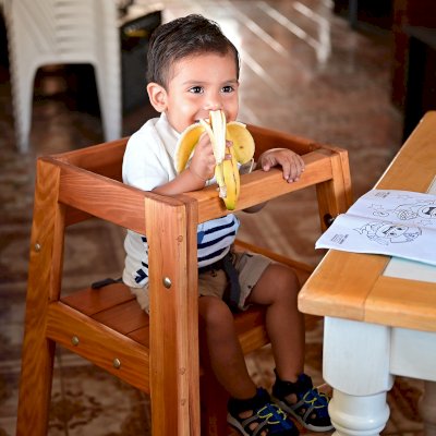 Redwood Restaurant High Chair (Options: California Redwood, 28 inches Tall, No Cushion, Transparent Premium Sealant). Little Dave is 20 Months Old. 