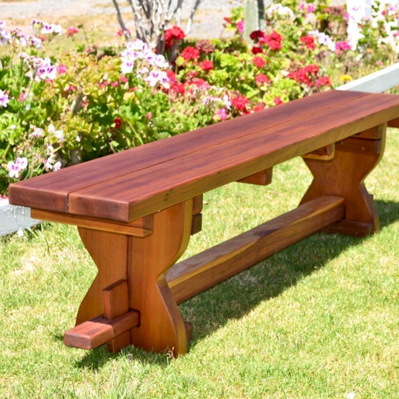 Redwood Trestle Bench Custom Outdoor Wooden Bench
