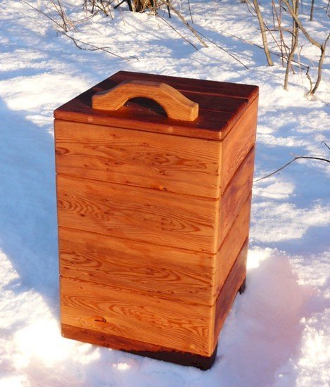 Regal Refuse Receptacle (Options: Mature Redwood, Unattached to Receptacle, No Casters, Transparent Premium Sealant). In Comments enter the size you'd like. This box is 18" W x 18" Deep x 24 "H external dimensions not counting handle height). Photographed in gorgeous early winter snow by Mr. Eirik Regal Refuse Receptacle (Options: Mature Redwood, Unattached to Receptacle, No Casters, Transparent Premium Sealant). In Comments enter the size you'd like. This box is 18" W x 18" Deep x 24 "H external dimensions not counting handle height). Photographed in gorgeous early winter snow by Mr. Eirik