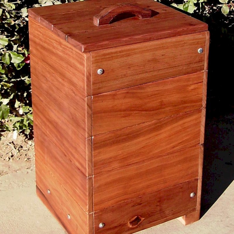 Regal Refuse Receptacle (Options: Old-Growth Redwood, Unattached to Receptacle, No Casters, Transparent Premium Sealant). In Comments enter the size you'd like. This box is 24"W x 24"D x 36"H external dimensions not counting handle height). Regal Refuse Receptacle (Options: Old-Growth Redwood, Unattached to Receptacle, No Casters, Transparent Premium Sealant). In Comments enter the size you'd like. This box is 24"W x 24"D x 36"H external dimensions not counting handle height).