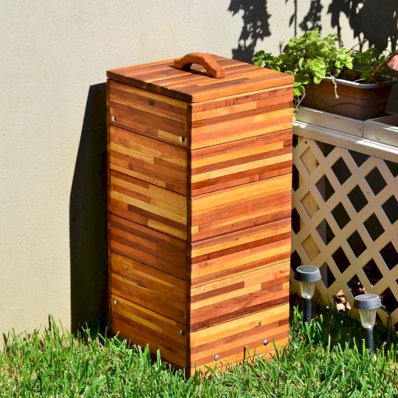 Regal Refuse Receptacle (Options: Custom Size, Mosaic Eco-Wood, 18"W x 18"D x 36"H, Attached to Receptacle, No Casters, Transparent Premium Sealant). Regal Refuse Receptacle (Options: Custom Size, Mosaic Eco-Wood, 18"W x 18"D x 36"H, Attached to Receptacle, No Casters, Transparent Premium Sealant).