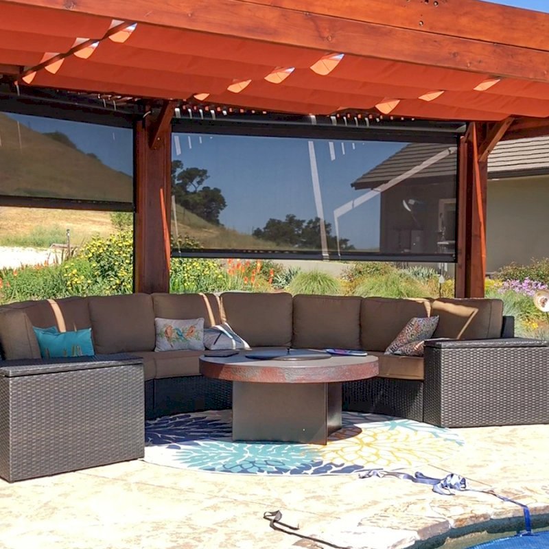 Custom Retractable Canopy Pergola (Options: 20' x 12', Mature Redwood, Posts Anchor Kit for High-Wind, Extra Thick Lumber by Custom Request, Transparent Premium Sealant). Retractable Motorized Shade is a Sunroll from Sunesta Retractable Screens, for more information: https://www.sunesta.com/products/the-sunroll. Photo Courtesy of D. Ruprecht of Hollister, CA. Custom Retractable Canopy Pergola (Options: 20' x 12', Mature Redwood, Posts Anchor Kit for High-Wind, Extra Thick Lumber by Custom Request, Transparent Premium Sealant). Retractable Motorized Shade is a Sunroll from Sunesta Retractable Screens, for more information: https://www.sunesta.com/products/the-sunroll. Photo Courtesy of D. Ruprecht of Hollister, CA.