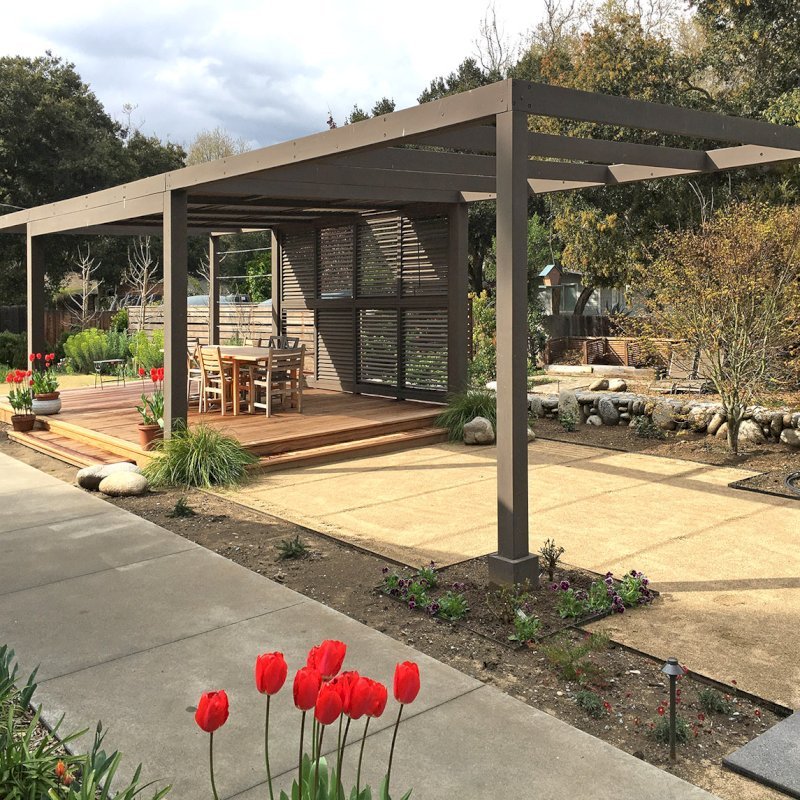 Custom Retractable Canopy Pergola (Options: 40' L x 14' W, 1 Privacy Panel Louvered, Douglas-fir, With Louvered Panels in the Center Section of the Roof, 10 ft Post Height, No Electrical Wiring Trim, No Post Decorative Trim, No Ceiling Fan Base, No Curtain Rods, Custom Paint). Photo Courtesy of R. Clark of Carmel Valley, California. Custom Retractable Canopy Pergola (Options: 40' L x 14' W, 1 Privacy Panel Louvered, Douglas-fir, With Louvered Panels in the Center Section of the Roof, 10 ft Post Height, No Electrical Wiring Trim, No Post Decorative Trim, No Ceiling Fan Base, No Curtain Rods, Custom Paint). Photo Courtesy of R. Clark of Carmel Valley, California.