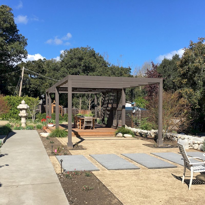 Custom Retractable Canopy Pergola (Options: 40' L x 14' W, 1 Privacy Panel Louvered, Douglas-fir, With Louvered Panels in the Center Section of the Roof, 10 ft Post Height, No Electrical Wiring Trim, No Post Decorative Trim, No Ceiling Fan Base, No Curtain Rods, Custom Paint). Photo Courtesy of R. Clark of Carmel Valley, California. Custom Retractable Canopy Pergola (Options: 40' L x 14' W, 1 Privacy Panel Louvered, Douglas-fir, With Louvered Panels in the Center Section of the Roof, 10 ft Post Height, No Electrical Wiring Trim, No Post Decorative Trim, No Ceiling Fan Base, No Curtain Rods, Custom Paint). Photo Courtesy of R. Clark of Carmel Valley, California.