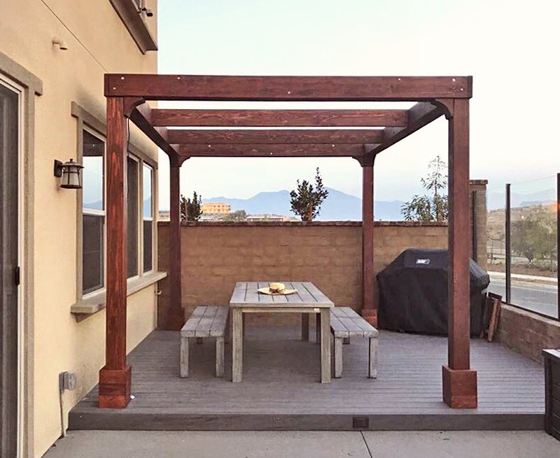 Retractable Canopy Pergola (Options: 14' L x 10' W, No Privacy Panel, California Redwood, 9ft Post Height, No Electrical Wiring Trim, Post Anchor Kit for Concrete, No Post Decorative Trim, No Ceiling Fan Base, No Curtain Rods, Coffee-Stain Premium Sealant). Photo Courtesy of D. Kim of Rancho Mission Vieja, CA. Retractable Canopy Pergola (Options: 14' L x 10' W, No Privacy Panel, California Redwood, 9ft Post Height, No Electrical Wiring Trim, Post Anchor Kit for Concrete, No Post Decorative Trim, No Ceiling Fan Base, No Curtain Rods, Coffee-Stain Premium Sealant). Photo Courtesy of D. Kim of Rancho Mission Vieja, CA.