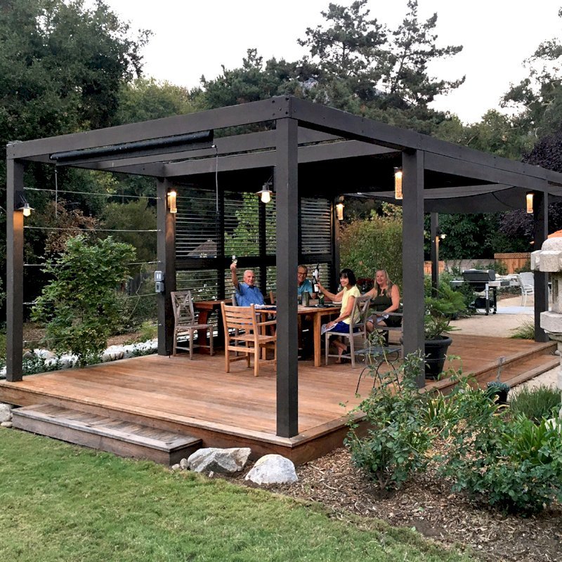 Custom Retractable Canopy Pergola (Options: 40' L x 14' W, 1 Privacy Panel Louvered, Douglas-fir, With Louvered Panels in the Center Section of the Roof, 10 ft Post Height, 8-Post Anchor Kit for Concrete, No Electrical Wiring Trim, No Post Decorative Trim, No Ceiling Fan Base, No Curtain Rods, Custom Paint). Photo Courtesy of R. Clark of Carmel Valley, California. Custom Retractable Canopy Pergola (Options: 40' L x 14' W, 1 Privacy Panel Louvered, Douglas-fir, With Louvered Panels in the Center Section of the Roof, 10 ft Post Height, 8-Post Anchor Kit for Concrete, No Electrical Wiring Trim, No Post Decorative Trim, No Ceiling Fan Base, No Curtain Rods, Custom Paint). Photo Courtesy of R. Clark of Carmel Valley, California.