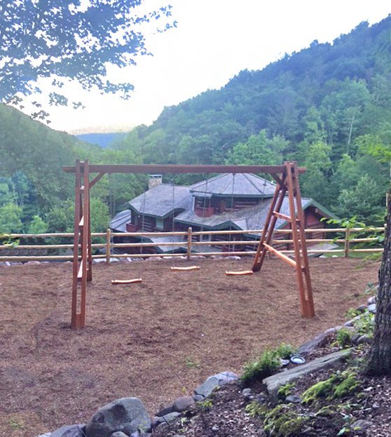 Rory's Giant Playground Swing Sets (Options: 3 Seats, Redwood, 3 Standard Swing Seats, Transparent Premium Sealant). Beam 20 ft wide instead of 17 ft by Custom Request. Photo Courtesy of Shimon Eckstein of West Shokan, NY. Rory's Giant Playground Swing Sets (Options: 3 Seats, Redwood, 3 Standard Swing Seats, Transparent Premium Sealant). Beam 20 ft wide instead of 17 ft by Custom Request. Photo Courtesy of Shimon Eckstein of West Shokan, NY.