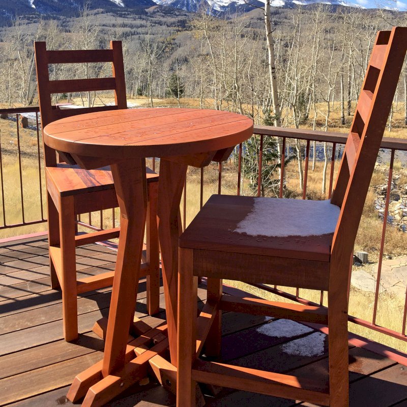 Round Cocktail Table (Options: Std Round Cocktail Table, Ladderback Stools, Old-Growth Redwood, 29" H Seat, No Cushion, 42" H Table, Standard Tabletop, Transparent Premium Sealant). Photo Courtesy of P. Sigel of Telluride, Colorado. Round Cocktail Table (Options: Std Round Cocktail Table, Ladderback Stools, Old-Growth Redwood, 29" H Seat, No Cushion, 42" H Table, Standard Tabletop, Transparent Premium Sealant). Photo Courtesy of P. Sigel of Telluride, Colorado.