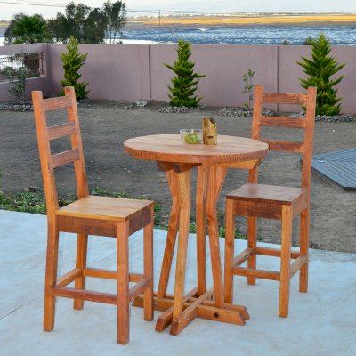 Round Cocktail Table (Options: XL Round Cocktail Table, Ladderback Stools, Douglas-fir, 29" H Seat, No Cushion, 42" H Table, Standard Tabletop, Transparent Premium Sealant).