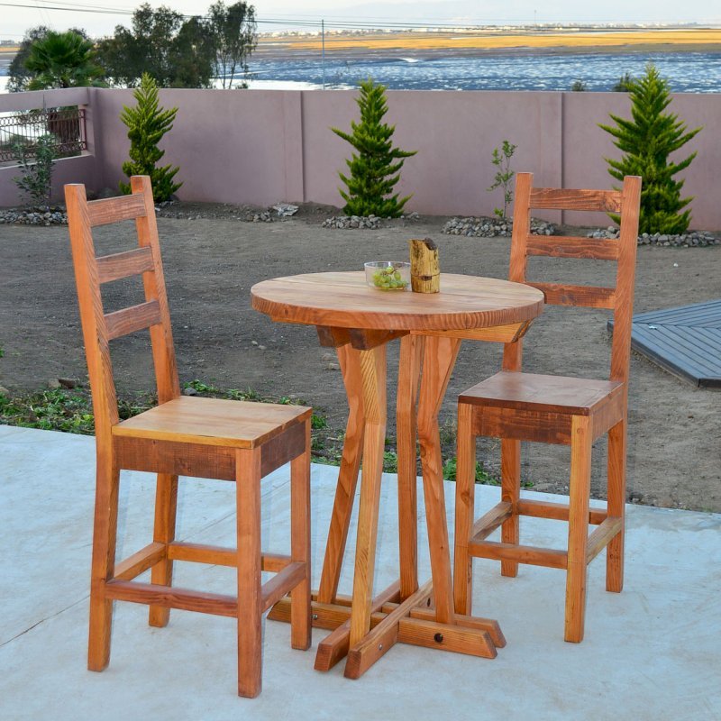 Round Cocktail Table (Options: XL Round Cocktail Table, Ladderback Stools, Douglas-fir, 29" H Seat, No Cushion, 42" H Table, Standard Tabletop, Transparent Premium Sealant). Round Cocktail Table (Options: XL Round Cocktail Table, Ladderback Stools, Douglas-fir, 29" H Seat, No Cushion, 42" H Table, Standard Tabletop, Transparent Premium Sealant).