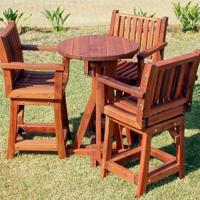 Round Cocktail Table (Options: Std Round Cocktail Table, Cocktail Bar Stools with Arms, Old-Growth Redwood, Swivel Seat, 28" H Seat, No Cushion, 42" H Table, Standard Tabletop, Transparent Premium Sealant).
