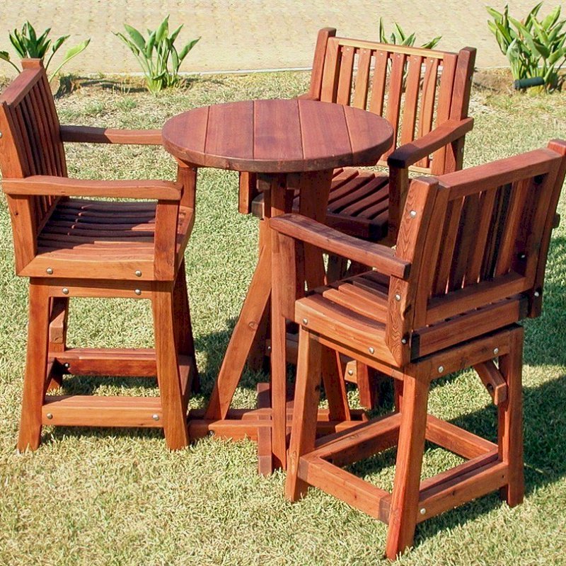 Round Cocktail Table (Options: Std Round Cocktail Table, Cocktail Bar Stools with Arms, Old-Growth Redwood, Swivel Seat, 28" H Seat, No Cushion, 42" H Table, Standard Tabletop, Transparent Premium Sealant). Round Cocktail Table (Options: Std Round Cocktail Table, Cocktail Bar Stools with Arms, Old-Growth Redwood, Swivel Seat, 28" H Seat, No Cushion, 42" H Table, Standard Tabletop, Transparent Premium Sealant).