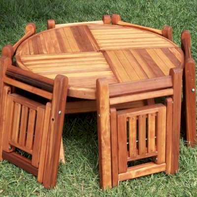 Round Folding Wood Table for Kids (Options: 39" Diameter, Redwood, 6 Folding Chairs, Umbrella Hole & Plug, Seamless Tabletop, Transparent Premium Sealant).