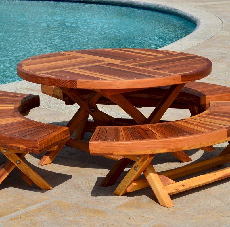 Round Folding Wood Table for Kids (Options: 42" Diameter, Redwood, 3 Folding Benches, No Umbrella Hole, Standard Tabletop, Transparent Premium Sealant). Round Folding Wood Table for Kids (Options: 42" Diameter, Redwood, 3 Folding Benches, No Umbrella Hole, Standard Tabletop, Transparent Premium Sealant).