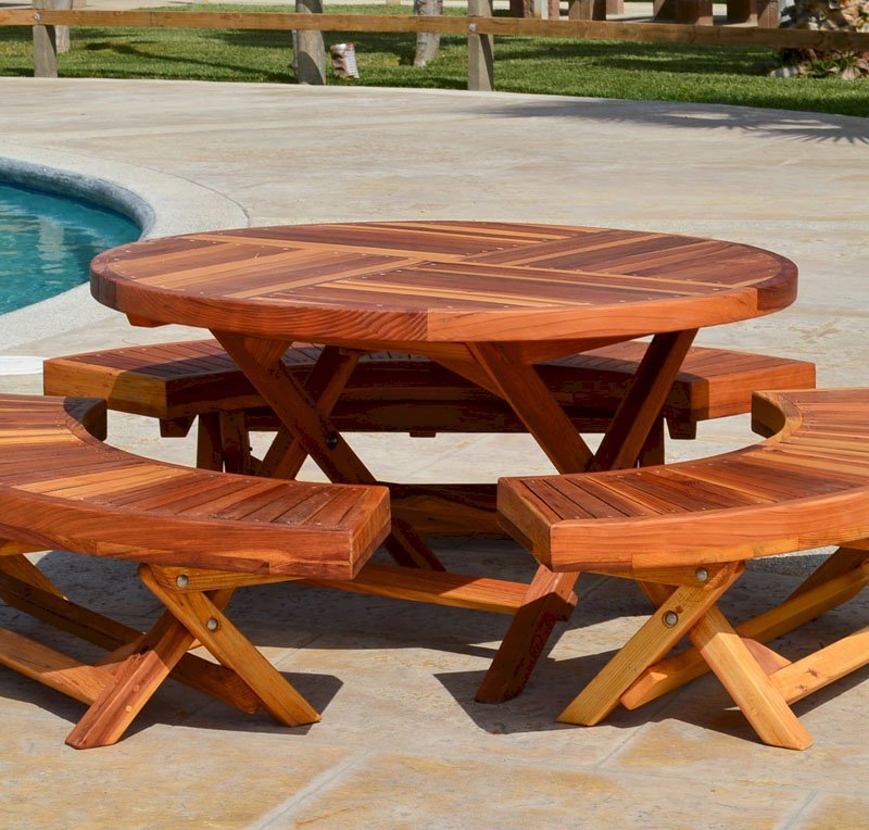 Round Folding Wood Table for Kids (Options: 42" Diameter, Redwood, 3 Folding Benches, No Umbrella Hole, Standard Tabletop, Transparent Premium Sealant). Round Folding Wood Table for Kids (Options: 42" Diameter, Redwood, 3 Folding Benches, No Umbrella Hole, Standard Tabletop, Transparent Premium Sealant).