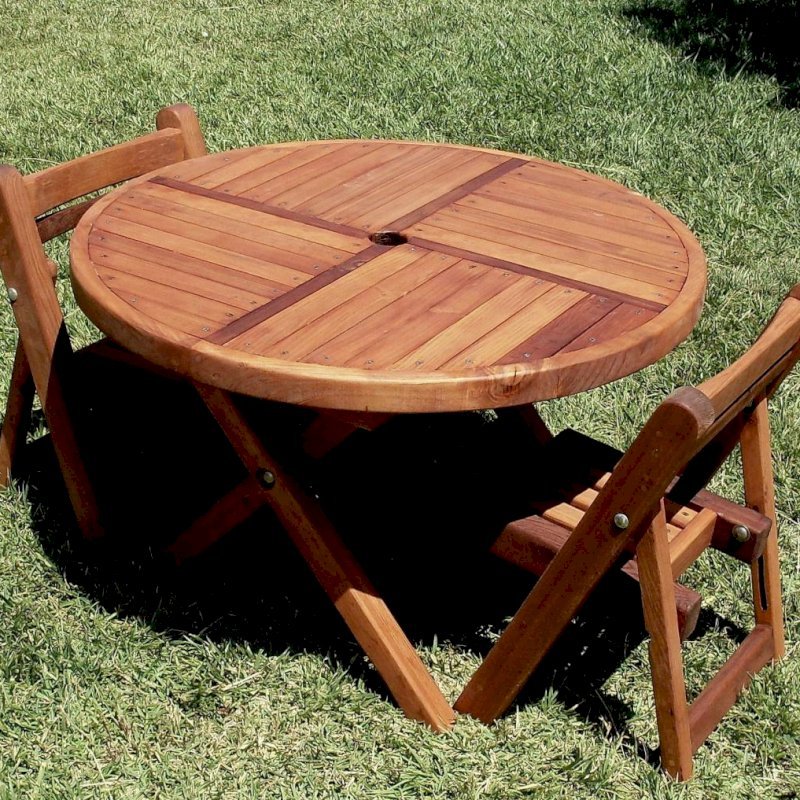 Round Folding Wood Table for Kids (Options: 33" Diameter, Mature Redwood, 2 Folding Chairs, Umbrella Hole & Plug, Standard Tabletop, Transparent Premium Sealant). Round Folding Wood Table for Kids (Options: 33" Diameter, Mature Redwood, 2 Folding Chairs, Umbrella Hole & Plug, Standard Tabletop, Transparent Premium Sealant).