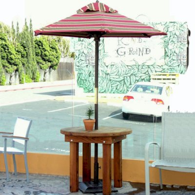 Round Outdoor Patio Table (Options: 2.5 ft, No Seating, Old-Growth Redwood, Parquet Tabletop, No Lazy Susan, Umbrella Hole, Transparent Premium Sealant). 