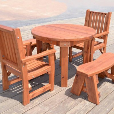Round Outdoor Patio Table (Options: 3.5 ft, 2 Chairs + 2 Round Benches, Mature Redwood, Ruth Chair Style, No Cushion, Arm Chairs Only,  Standard Tabletop, No Lazy Susan, No Umbrella Hole, Transparent Premium Sealant). 