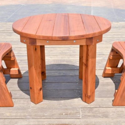 Round Outdoor Patio Table (Options: 3.5 ft, 2 Round Benches, Mature Redwood, Standard Tabletop, No Lazy Susan, No Umbrella Hole, Transparent Premium Sealant). 