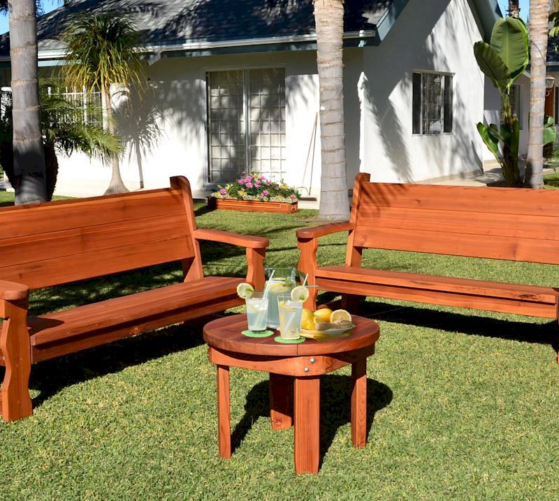 Round Solid Wood Side Table (Options: 30", Mature Redwood, Rounded Apron, 22 inches tall, Transparent Premium Sealant, ) and 2 Angel Benches. Carmel Planter shown in background. Round Solid Wood Side Table (Options: 30", Mature Redwood, Rounded Apron, 22 inches tall, Transparent Premium Sealant, ) and 2 Angel Benches. Carmel Planter shown in background.