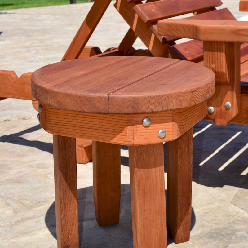 Round Solid Wood Side Table (Options: 18" size, Old-Growth Redwood, Rounded Apron, 18"H, Transparent Premium Sealant). Photo also shows The Poolside Privacy Panel and Sol Lounger. Round Solid Wood Side Table (Options: 18" size, Old-Growth Redwood, Rounded Apron, 18"H, Transparent Premium Sealant). Photo also shows The Poolside Privacy Panel and Sol Lounger.