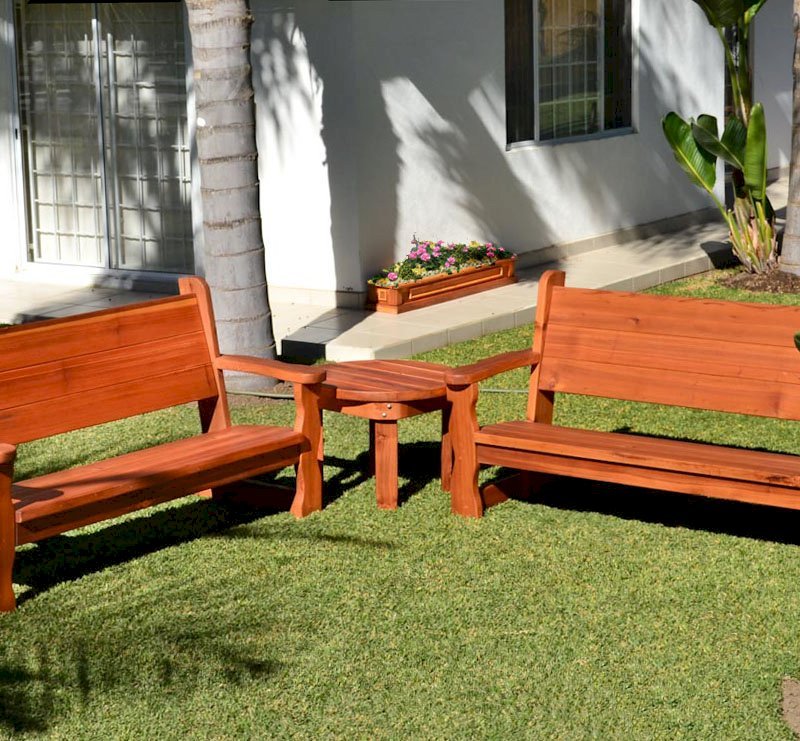 Round Solid Wood Side Table (Options: 30", Mature Redwood, Rounded Apron, 22 inches tall, Transparent Premium Sealant, ) and 2 Angel Benches. Carmel Planter shown in background. Round Solid Wood Side Table (Options: 30", Mature Redwood, Rounded Apron, 22 inches tall, Transparent Premium Sealant, ) and 2 Angel Benches. Carmel Planter shown in background.