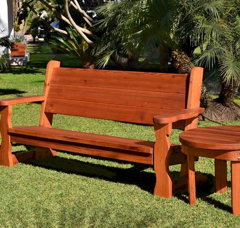 Round Solid Wood Side Table (Options: 30", Mature Redwood, Rounded Apron, 22 inches tall, Transparent Premium Sealant) and Angel Bench. Carmel Planter shown in background. Round Solid Wood Side Table (Options: 30", Mature Redwood, Rounded Apron, 22 inches tall, Transparent Premium Sealant) and Angel Bench. Carmel Planter shown in background.