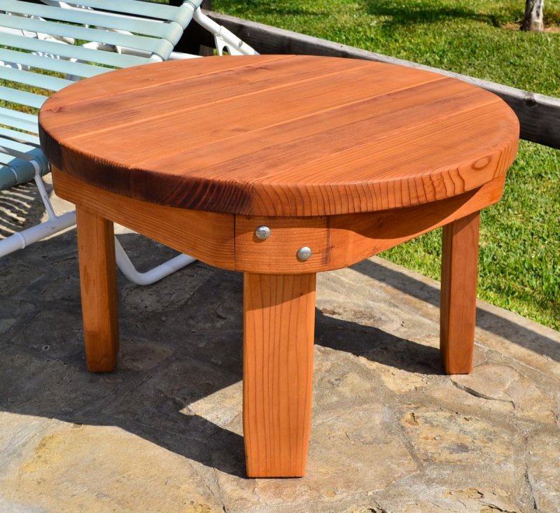 Round Solid Wood Side Table (Options: 30" size, Mature Redwood, Rounded Apron, 18"H, Transparent Premium Sealant). Round Solid Wood Side Table (Options: 30" size, Mature Redwood, Rounded Apron, 18"H, Transparent Premium Sealant).