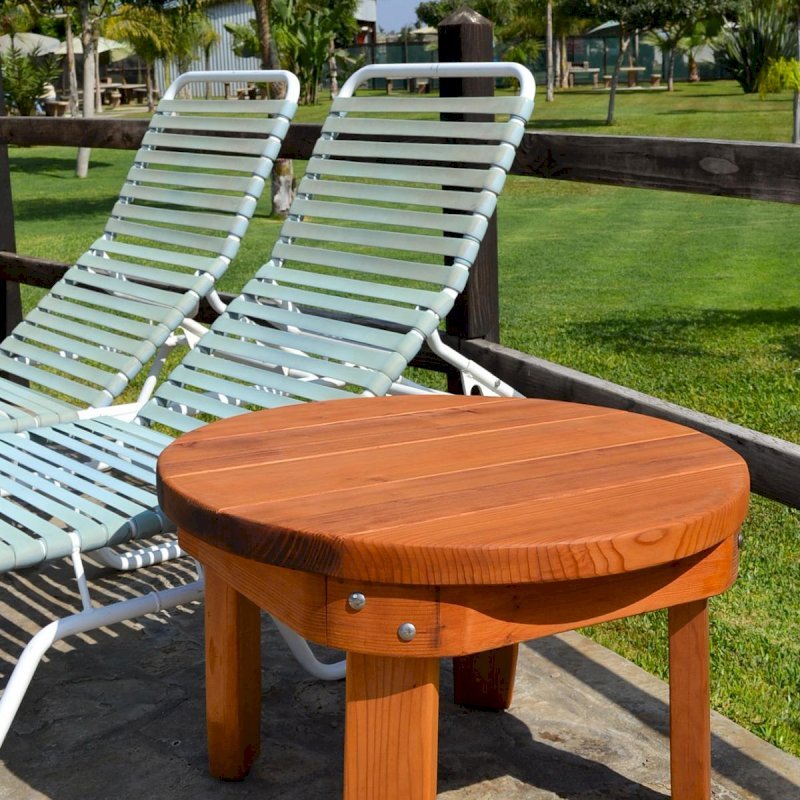 Round Solid Wood Side Table (Options: 30" size, Mature Redwood, , Rounded Apron, 18"H, Transparent Premium Sealant). Round Solid Wood Side Table (Options: 30" size, Mature Redwood, , Rounded Apron, 18"H, Transparent Premium Sealant).