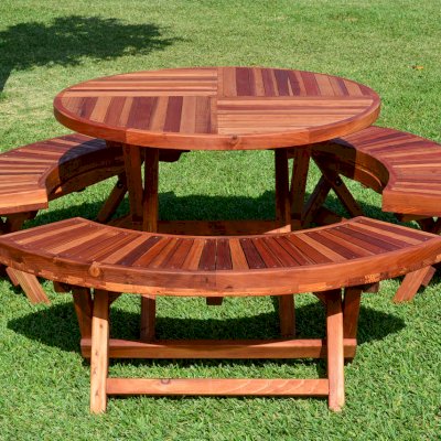 Round Wood Folding Picnic Table (Options: 42", Folding Arc Benches, Redwood [with some Mosaic Eco-Wood boards at the bottom of the seat by custom request], 3 Folding Arc Benches, Standard Tabletop, Checkerboard Design Tabletop, Umbrella Hole & Plug, Transparent Premium Sealant).