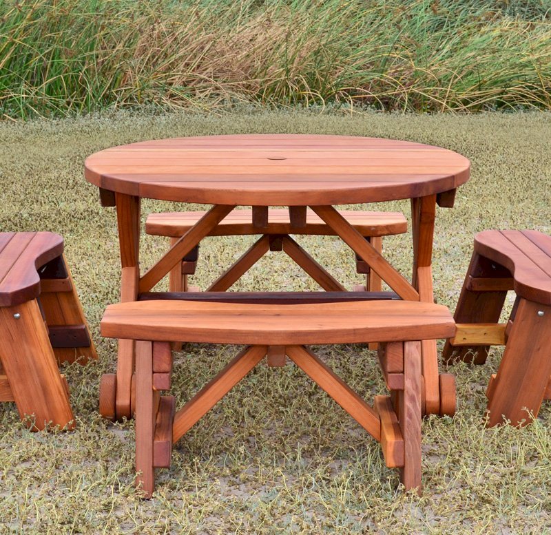 Round Wood Picnic Table with Wheels (Options: 3.5' diameter, Unattached Benches, Redwood, Round Picnic Benches, Standard Tabletop, No Lazy Susan, Umbrella Hole, Transparent Premium Sealant). Round Wood Picnic Table with Wheels (Options: 3.5' diameter, Unattached Benches, Redwood, Round Picnic Benches, Standard Tabletop, No Lazy Susan, Umbrella Hole, Transparent Premium Sealant).