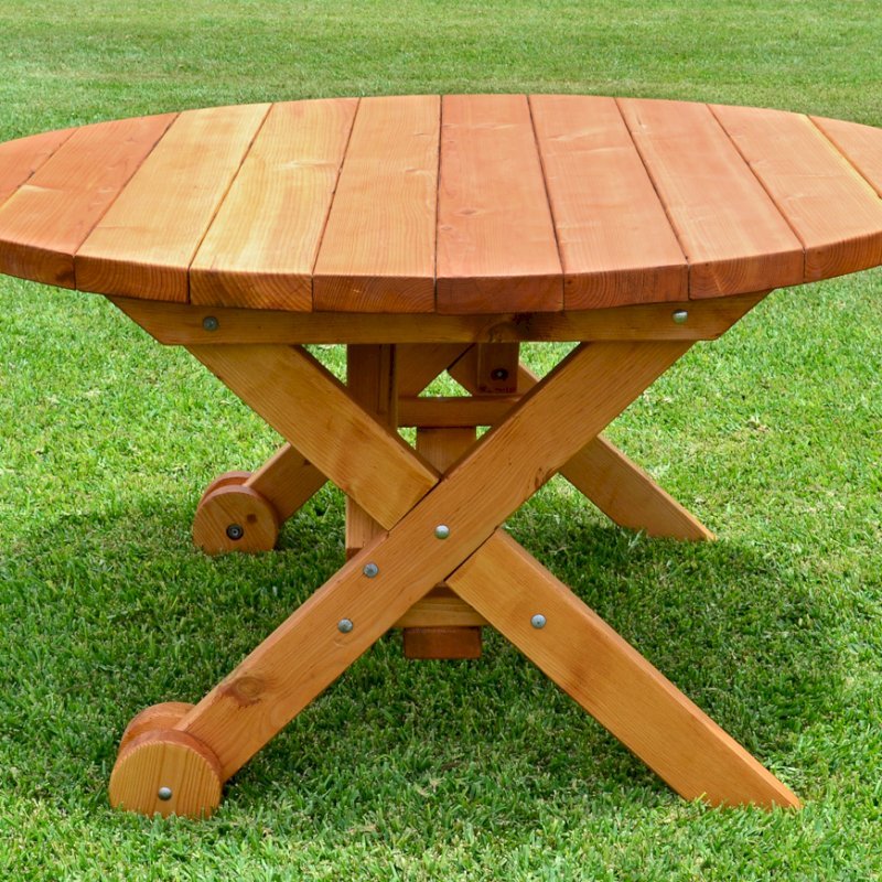 Round Wood Picnic Table with Wheels (Options: 5' diameter, No Seating, Redwood, Standard Tabletop, No Lazy Susan, No Umbrella Hole, Transparent Premium Sealant). Round Wood Picnic Table with Wheels (Options: 5' diameter, No Seating, Redwood, Standard Tabletop, No Lazy Susan, No Umbrella Hole, Transparent Premium Sealant).