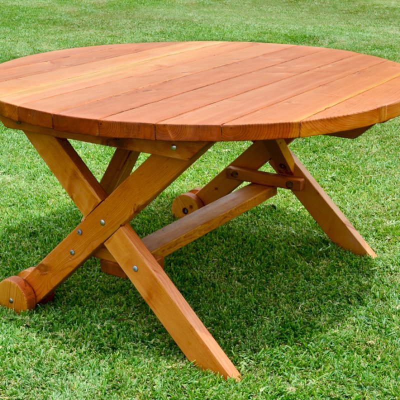 Round Wood Picnic Table with Wheels (Options: 5' Diameter, No Seating, Redwood, Standard Tabletop, No Lazy Susan, No Umbrella Hole, Transparent Premium Sealant). Round Wood Picnic Table with Wheels (Options: 5' Diameter, No Seating, Redwood, Standard Tabletop, No Lazy Susan, No Umbrella Hole, Transparent Premium Sealant).