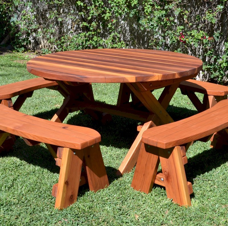 Round Wood Picnic Table with Wheels (Options: 5' diameter, Unattached Benches, Redwood, Round Picnic Benches, Standard Tabletop, No Lazy Susan, Umbrella Hole & Plug, Transparent Premium Sealant). Round Wood Picnic Table with Wheels (Options: 5' diameter, Unattached Benches, Redwood, Round Picnic Benches, Standard Tabletop, No Lazy Susan, Umbrella Hole & Plug, Transparent Premium Sealant).