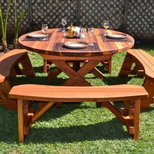 Round Wood Picnic Table with Wheels Forever Redwood