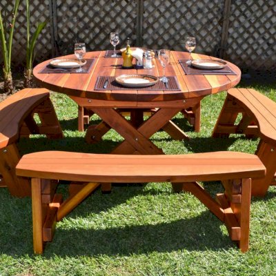 Round Wood Picnic Table with Wheels (Options: 5' Diameter, Unattached Benches,  Redwood, Round Picnic Benches, Standard Tabletop, No Lazy Susan, Umbrella Hole & Plug, Transparent Premium Sealant).