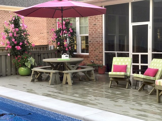 Round Wood Picnic Table with Wheels (Options: 5' diameter, Unattached Benches, Douglas-fir, Round Picnic Benches, Standard Tabletop, No Lazy Susan, 1 5/8" Umbrella Hole & Plug, Sherwin Williams, SW 7737, Meadow Trail Stain by Custom Request). Photo Courtesy of Pamela Fortier of Chapel Hill, North Carolina. Round Wood Picnic Table with Wheels (Options: 5' diameter, Unattached Benches, Douglas-fir, Round Picnic Benches, Standard Tabletop, No Lazy Susan, 1 5/8" Umbrella Hole & Plug, Sherwin Williams, SW 7737, Meadow Trail Stain by Custom Request). Photo Courtesy of Pamela Fortier of Chapel Hill, North Carolina.