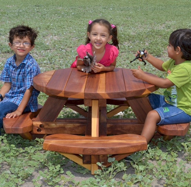 Toddler's Round Picnic Table (Redwood, No Umbrella Hole, Standard Tabletop, No ADA, Transparent Premium Sealant). Toddler's Round Picnic Table (Redwood, No Umbrella Hole, Standard Tabletop, No ADA, Transparent Premium Sealant).