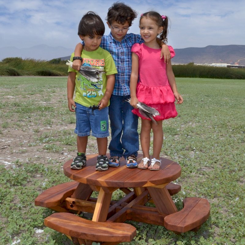 Toddler's Round Picnic Table (Redwood, No Umbrella Hole, Standard Tabletop, No ADA, Transparent Premium Sealant). Toddler's Round Picnic Table (Redwood, No Umbrella Hole, Standard Tabletop, No ADA, Transparent Premium Sealant).