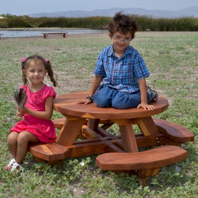 Round Wooden Picnic Table for Toddlers (Redwood, No Umbrella Hole, Standard Tabletop, No ADA, Transparent Premium Sealant).