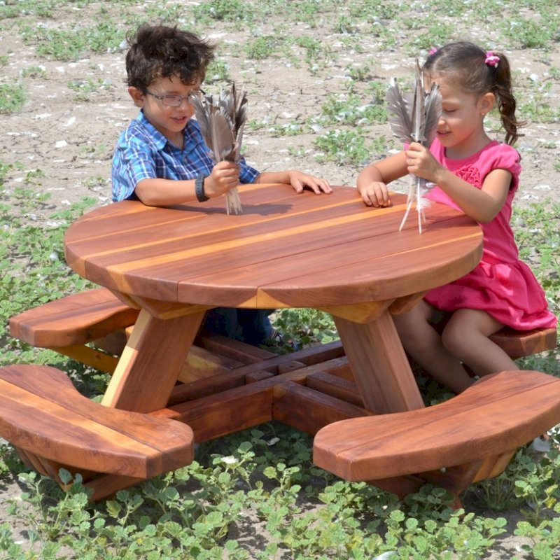 Toddler's Round Picnic Table (Redwood, No Umbrella Hole, Standard Tabletop, No ADA, Transparent Premium Sealant). Toddler's Round Picnic Table (Redwood, No Umbrella Hole, Standard Tabletop, No ADA, Transparent Premium Sealant).