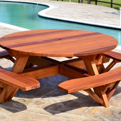 Round Wooden Picnic Tables (Attached Benches) (Options: 6' Diameter, Attached Benches, Old-Growth Redwood, Standard Tabletop, No Lazy Susan, Umbrella Hole, Transparent Premium Sealant).