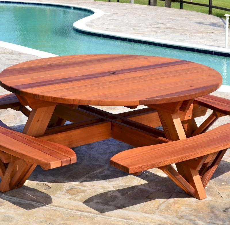 Round Wooden Picnic Table With Attached Benches