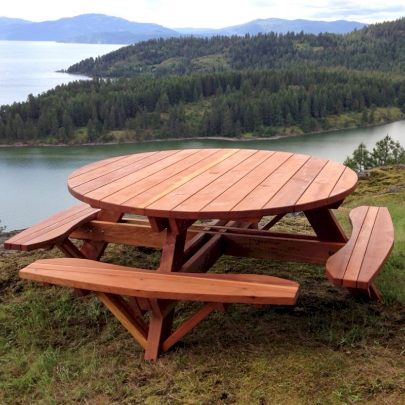 Round Wooden Picnic Table With Attached Benches