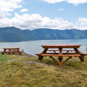 Round Wooden Picnic Table With Attached Benches Round Wooden