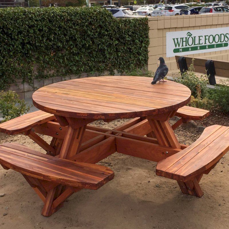 Round Wooden Picnic Table With Attached Benches