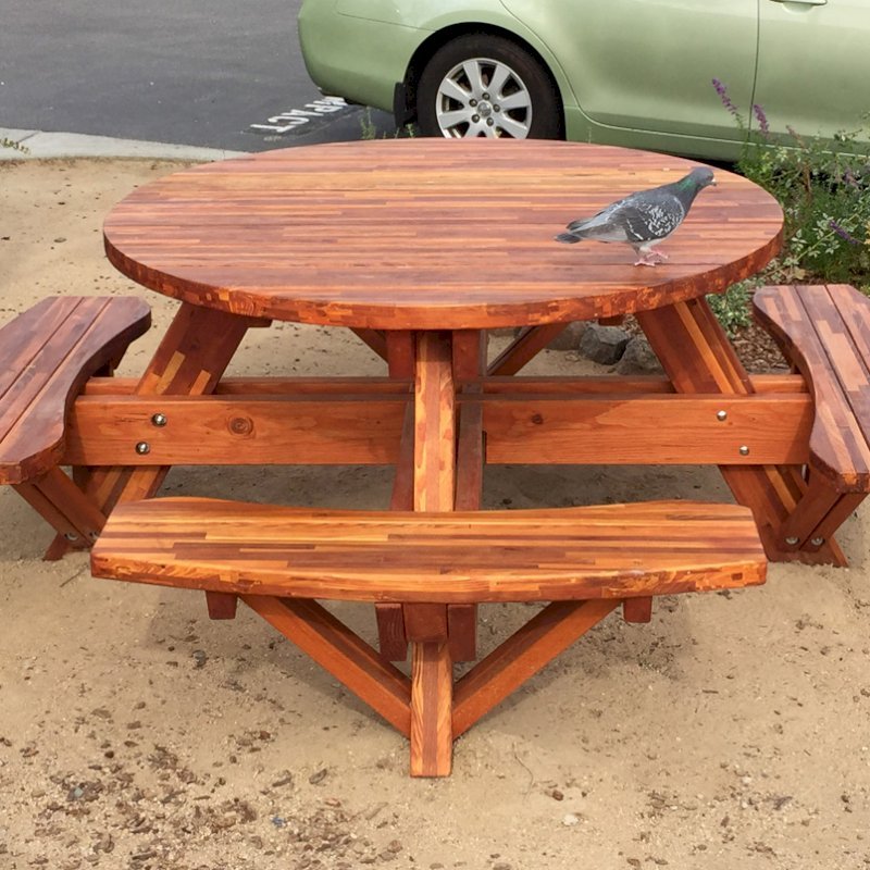 Round Wooden Picnic Tables (Attached Benches) (Options: 5' Diameter, Attached Benches, Mosaic Eco-Wood, Standard Tabletop, No Lazy Susan, Umbrella Hole & Plug, Transparent Premium Sealant). Photo Courtesy of Whole Foods Market of San Rafael, CA. Round Wooden Picnic Tables (Attached Benches) (Options: 5' Diameter, Attached Benches, Mosaic Eco-Wood, Standard Tabletop, No Lazy Susan, Umbrella Hole & Plug, Transparent Premium Sealant). Photo Courtesy of Whole Foods Market of San Rafael, CA.